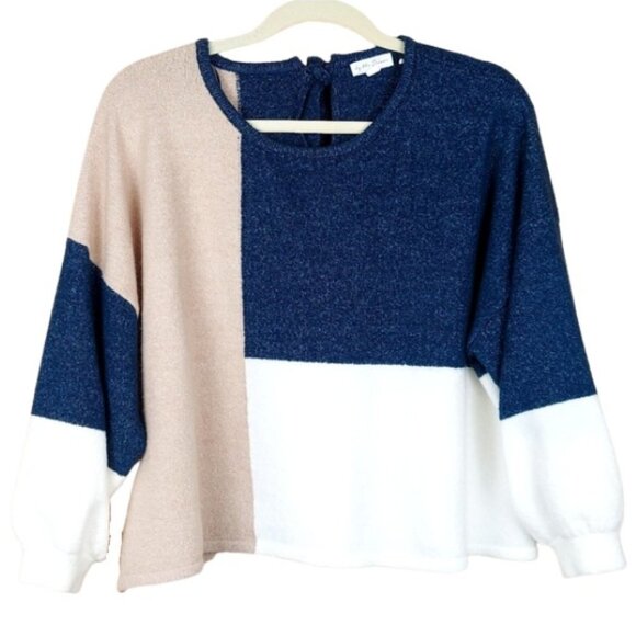 By The River Sweaters - By The River Tie-Back Color Block Sweater Cream Tan Blue Women's Size S/M